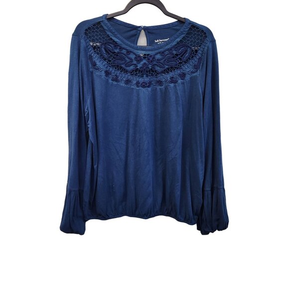 Soft Surroundings Women's L Teal Blue Long Sleeve Elastic Waist Pullover Knit To - Picture 1 of 10